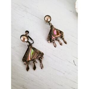 Vintage Sterling Silver Mother of Pearl Dangle Screw On Earrings
